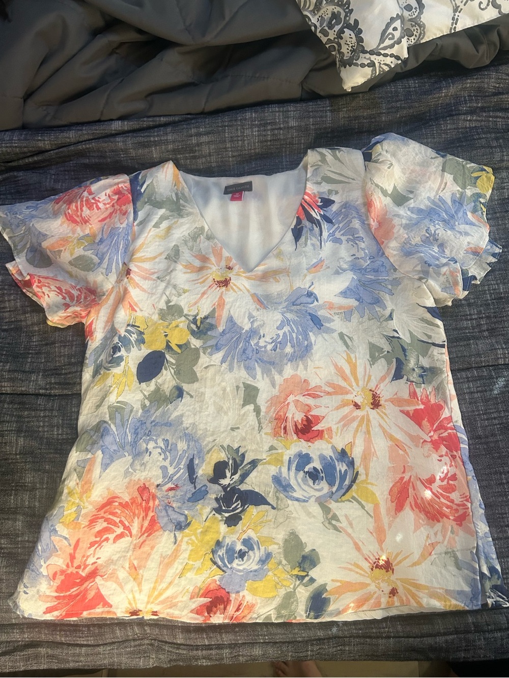 Vince Camuto Floral V-Neck Blouse in White, Pink & Yellow